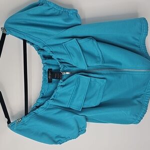 AS Curvy Girl Aqua Blue Sweatshirt Top wSilver Front Zipper Elastic Waist & Neck